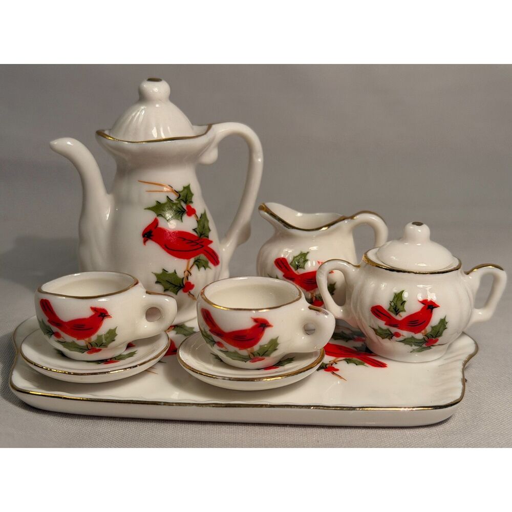 Vintage Lefton Miniature Porcelain Christmas Tea Set Cardinal Holly Gold Trim